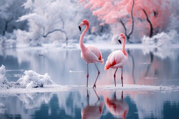 Ice-skating flamingos gracefully gliding on a frozen pond.