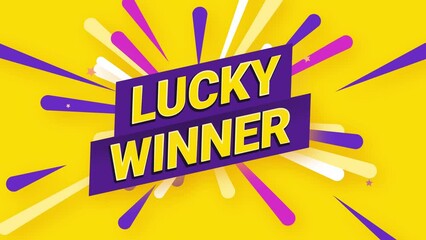 Lucky winner celebration animation. Rich yellow background with text lucky winner, firework explosion and stars on the background. Competition background. 1920x1080px, horizontal - Powered by Adobe