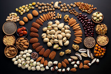 Lebensmittel
 knolling. Gesunde natürliche Bio-Lebensmittel. Frische Nüsse und Samen.
 knolling Zusammensetzung. Flat Lay Ansicht von Lebensmitteln