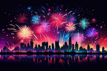 Fotobehang Fireworks in skyline, a fireworks display over a city skyline at night time © Gasia