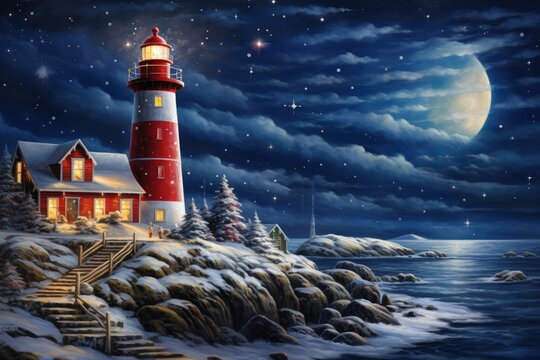 Candy cane lighthouse guiding travelers through a snowy night. 