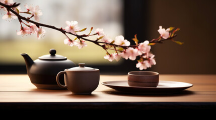 Tea ceremony, traditional teapot and ceramic cups on wooden tray on dark background with sakura blossoms. Generative AI