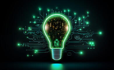 Glowing light bulb against a digital background with binary code. Neon lights. Symbolize the intersection of innovation and technology.
