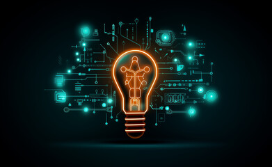 Glowing light bulb against a digital background with binary code. Neon lights. Symbolize the intersection of innovation and technology.