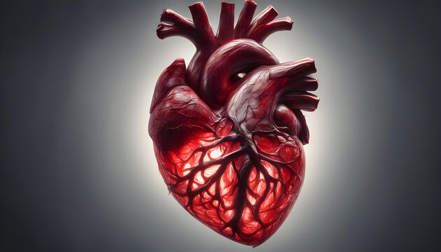 The concept of heart attack, an exploding Anatomical  human heart glowing isolated on dark background. Cardiology and medical care for infarct.