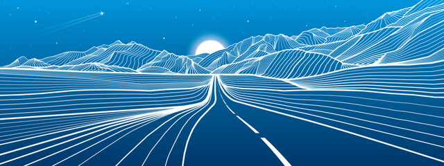 Road in the mountains. Outline illustration on blue background. Night landscape. Snow hills. Moon and stars. Vector design art - 679595329