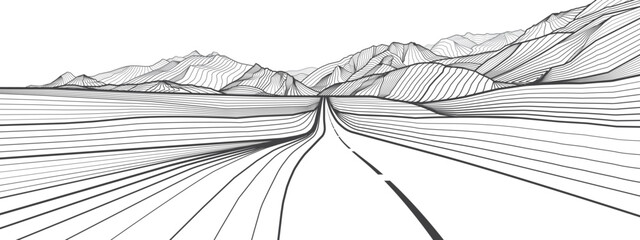 Road in the mountains. Outline black illustration on white background. More lines landscape. Vector design art
