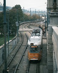 An orange tram in Budapest, Hungary