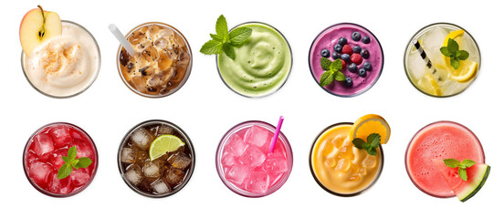 cool drinks set ; smoothie, juice, sparkling water with fresh and beautiful fruits decorated glass top view on white background.