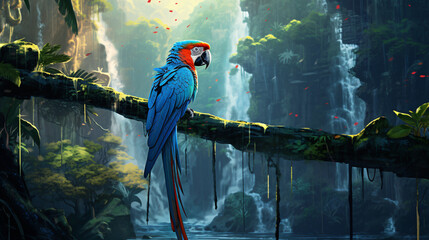 Generative AI illustration of blue parrot sitting on tree
