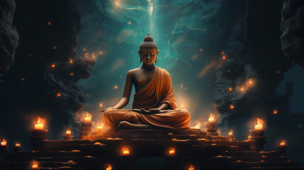 Generative AI illustration of Buddha sitting in lotus