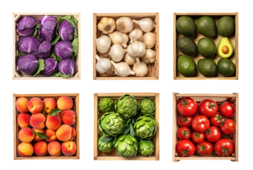 Vegetables and fruits in the wood box on background isolated, close up collection of organic fresh fruits and vegetables for healthy food, well being theme