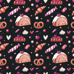 Seamless pattern with pastries, croissants and sweets on a gray-green background. Watercolor illustration. Food. Cake. Dessert. Print on fabric and paper. Cute. Art. Design. Handmade work. Wallpaper. 