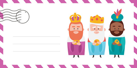 Envelope of the wise men. The three kings of orient, Melchior, Gaspard and Balthazar. Funny vectorized letter.