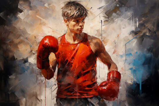 watercolor painting of boxer with an aggressive look in red boxing gloves before a fight against