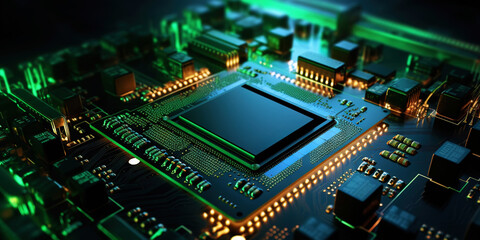 Fototapeta premium Heart of the Machine: Microprocessor in Green Glow. Motherboad electronics. Generative AI