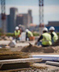 Workers on construction site, unfocused scene background