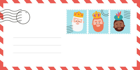 Envelope of the wise men. The three kings of orient, Melchior, Gaspard and Balthazar. Funny vectorized letter. - obrazy, fototapety, plakaty