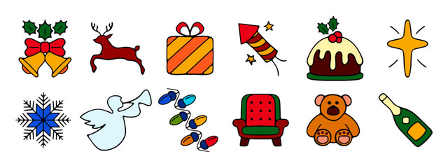 New Year, Christmas set icon. Decorations, reindeer, gift, fireworks, cake, star of Bethlehem, snow, angel, garland, chair, Teddy bear, wine.