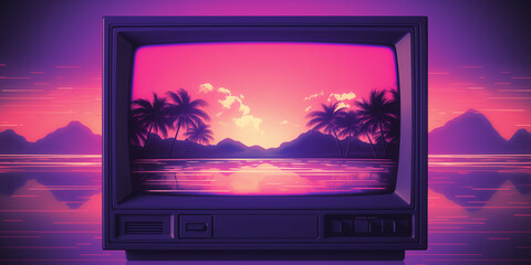 Retro Futurism Delight: 80s-inspired Retro Wave background on a vintage computer screen with VHS noise, glitch effects, and vibrant purple hues. Embracing the nostalgic charm of an old display.