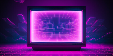 Retro Futurism Delight: 80s-inspired Retro Wave background on a vintage computer screen with VHS noise, glitch effects, and vibrant purple hues. Embracing the nostalgic charm of an old display.