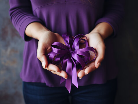 Hands holding Purple ribbons, Alzheimer disease, Pancreatic cancer, Epilepsy awareness. Generative Ai