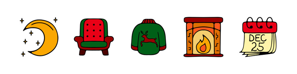 New Year, Christmas set icon. Home New Year comfort concept. Moon, stars, fireplace, sweater, chair, calendar, January 1, December 25.
