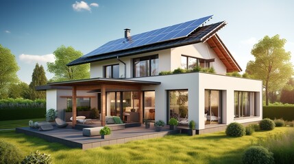 modern cozy house with solar panels on the roof