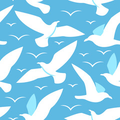 Simple shape silhouette white seagulls seamless pattern. Blue background. Different pose seagulls soaring in the sky. Graphic element for wallpaper, wrapping paper, textile print, design.