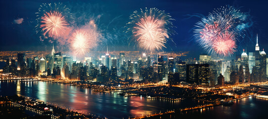Fototapeta premium Panorama of fireworks show over a big city. Celebrating the New Year