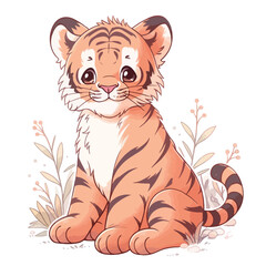 Cute cartoon tiger sitting on a white background. Vector illustration.