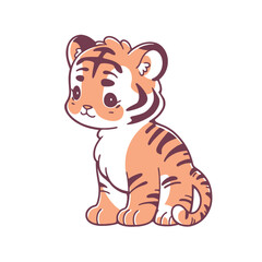 Cute cartoon tiger sitting. Vector illustration isolated on white background.