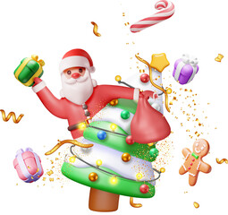 3D Santa Claus with Gift Bag and Christmas Tree