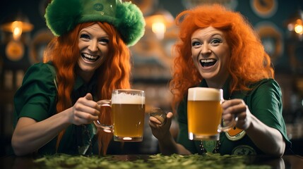 
friends laughing and toasting with beer on St. Patrick's Day