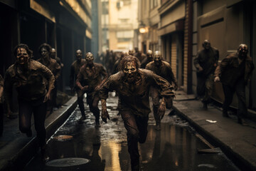 zombies running in apocalyptic city scene - obrazy, fototapety, plakaty