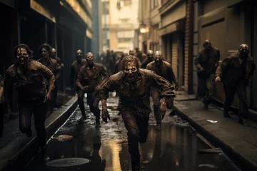Fotobehang zombies running in apocalyptic city scene © Julia