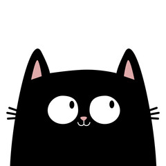 Black surprised cat kitten kitty icon. Big eyes. Happy emotion. Cute cartoon kawaii character. Happy Valentines Day. Greeting card, tshirt, sticker print template. White background. Flat design.