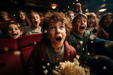 fascinated children at the cinema eating popcorn excitedly