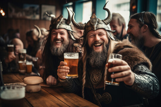 older men dressed as vikings celebrating theme party drinking beer in a bar