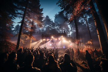 The Crowd Enjoys a Nighttime Rave Party in the Forest
