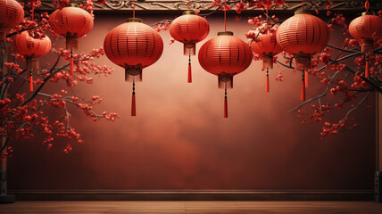 Chinese New Year 2023, Background of Chinese lantern hanging on the celling. generative ai - obrazy, fototapety, plakaty
