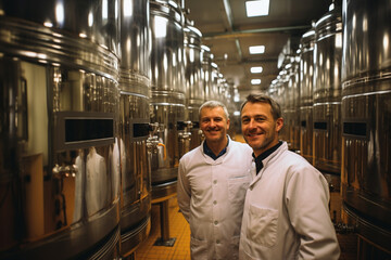 Two Technical Scientific Workers in an Olive Oil Mill Next to the Storage Tanks