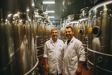 Two Technical Scientific Workers in an Olive Oil Mill Next to the Storage Tanks