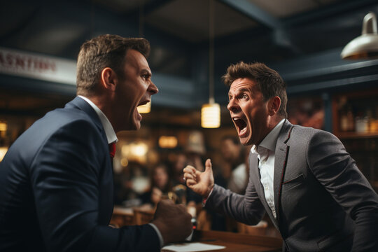 Businessmen in a Bar Engage in a Heated Argument and Shout at Each Other