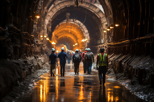 Group of Workers in Helmets and Safety Gear Walk and Excavate an Industrial Tunnel