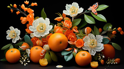 Obraz na płótnie Canvas Chinese New Year, Mandarin orange and flowers. generative ai