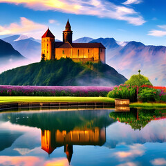Schloss auf einem Berg davor ein Meer aus Lavendelfeldern ein schönes altes Gemäuer