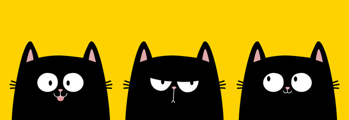 Black cat kitten kitty icon banner set. Cute kawaii cartoon character. Sad, happy surprised emotion. Happy Valentines Day. Greeting card, tshirt, sticker print template. Yellow background. Flat design