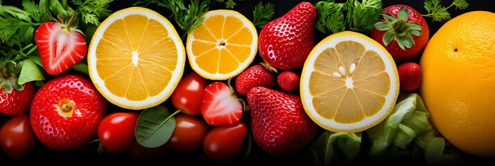Healthy food backgrounds, five images of lemons, blueberries, raspberries, salad and oranges...
