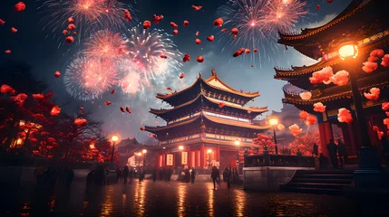 Foto op Plexiglas An awe-inspiring display of fireworks lighting up the night sky, signifying the grandeur and jubilation of Chinese New Year festivities. © CanvasPixelDreams